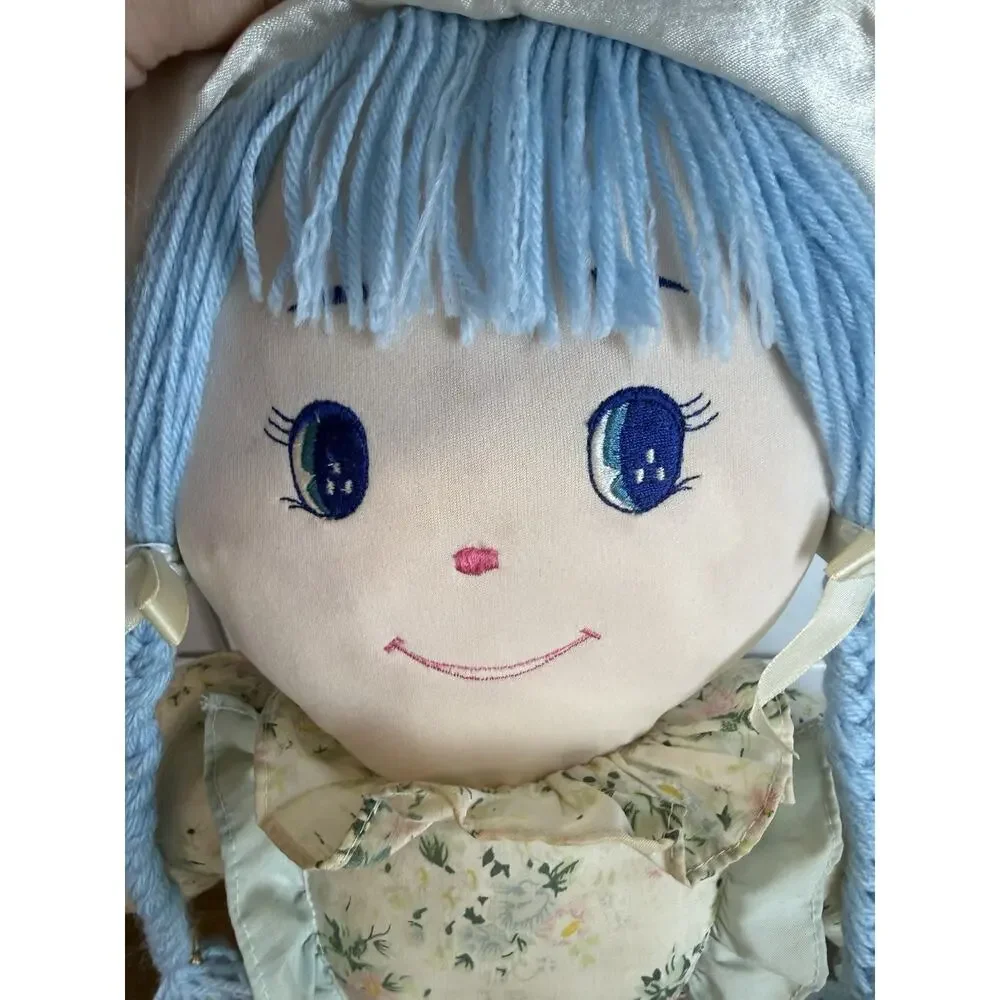 Vintage 28” Rag Doll Blue Braided Yarn Hair Floral Dress Bonnet Plush Toy